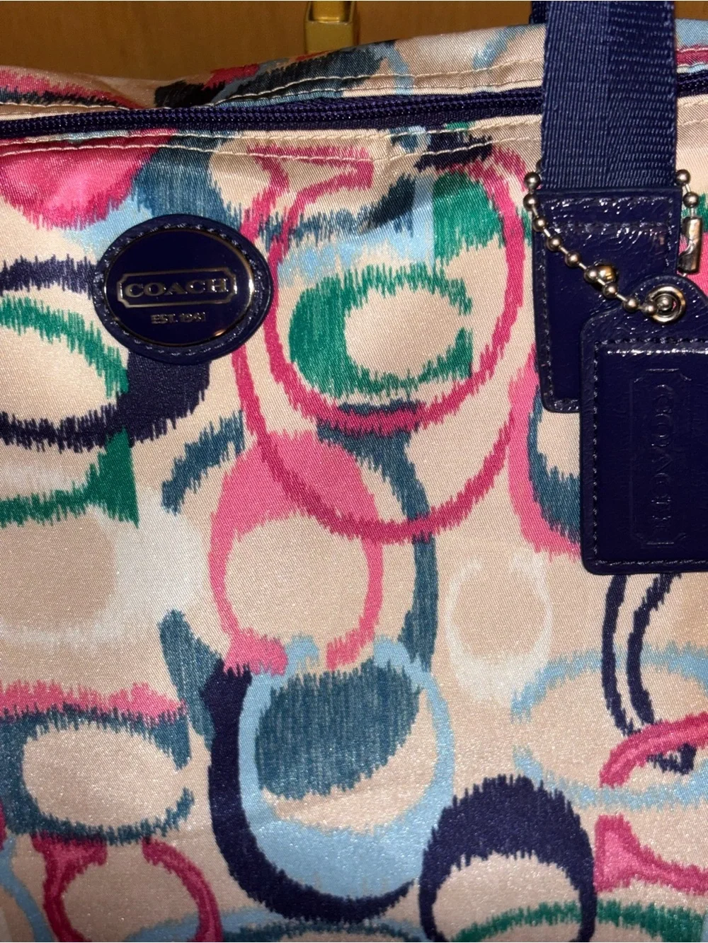 Coach Multicolor Signature Circle Print Tote with Navy Straps